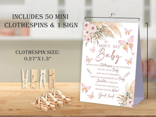 Don't Say Baby Baby Shower Game,Boho Pampas Butterfly Baby Shower Decoration,Rustic Baby Shower Decorations,Neutral Baby Shower Decoration,Baby Shower Game Ideas,1 Sign & 50 Mini Clothespins Set-B19