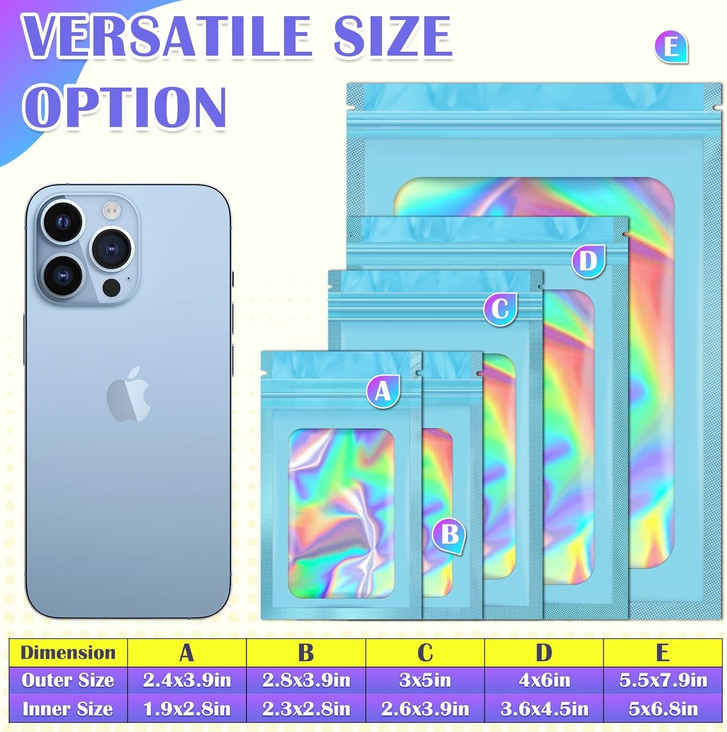 100 Pcs Mylar Bags, Smell Proof Bags Foil Pouch, Holographic Resealable Bags for Small Business, Candy Sample Jewelry Bag Sealable Packaging for Party Favor Food Storage (2.4x3.9in-Blue)
