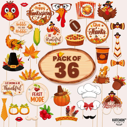 KatchOn, Happy Thanksgiving Photo Booth Props - Pack of 36 | Props for Thanksgiving Party Decorations | Fall Selfie Props, Fall Festival Decorations Indoor