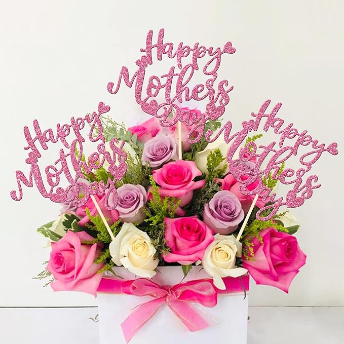 12 PCS Happy Mother's Day Centerpiece Sticks Double Sided Glitter Love Mother Best Mom Centerpieces for Happy Mother's Day Theme Table Flower Decorations Birthday Party Supplies Pink