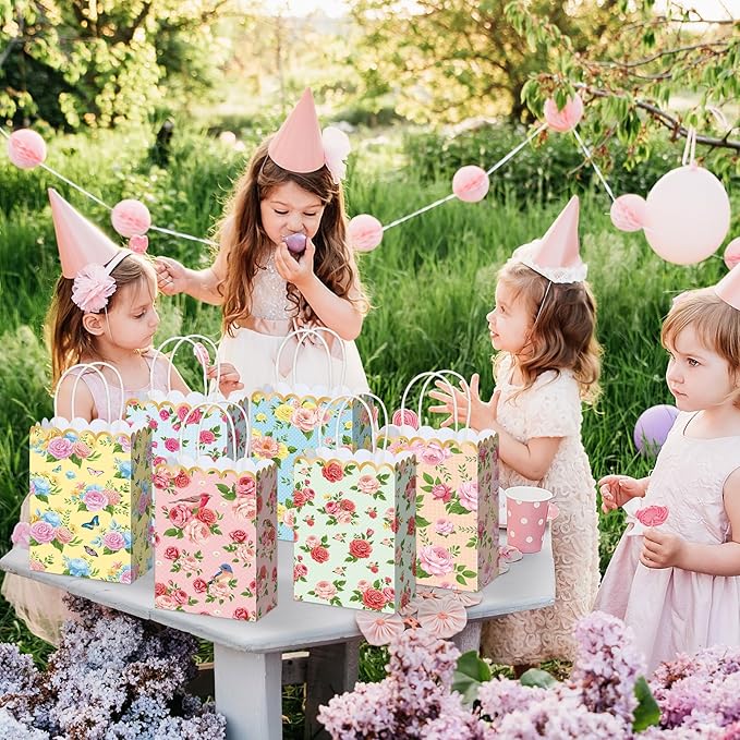 Vintage Floral Gift Bags Bulk Tea Party Favors Flower Tea Party Goodie Bags Treat Candy Bag Spring Wildflower Birthday Favors Decoration for Princess Birthday Wedding Garden Bridal Shower 24Pcs