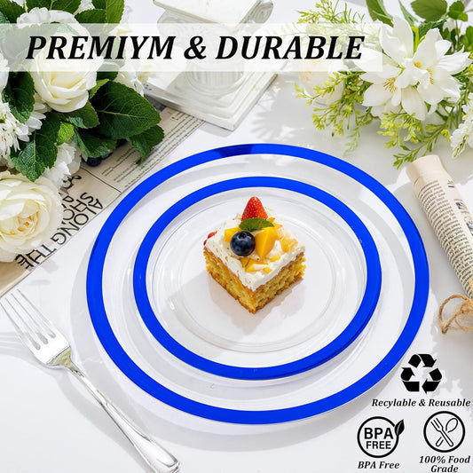 U-QE 200pcs Royal Blue Plastic Plates - Clear Disposable Plates Heavy Duty - Includes 100 10" Dinner & 100 7" Dessert Plates for Party, Birthday