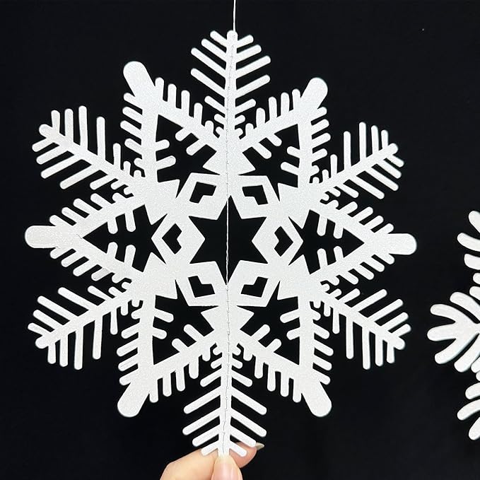 40Ft Snowflakes Party Decoration White Snowflakes Bell Garland Glitter White Paper Big Snowflakes Hanging Streamer Backdrop for Winter Wonderland Christmas Holiday Birthday Home Window Wall Room Decor