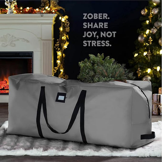 ZOBER 600D Oxford Fabric Christmas Tree Storage Bag - Fits 7.5 Ft Artificial Trees - Tear Proof Waterproof Christmas Tree Bag For Storage Box For Xmas - Strong, Durable Handles - Card Slot - Gray