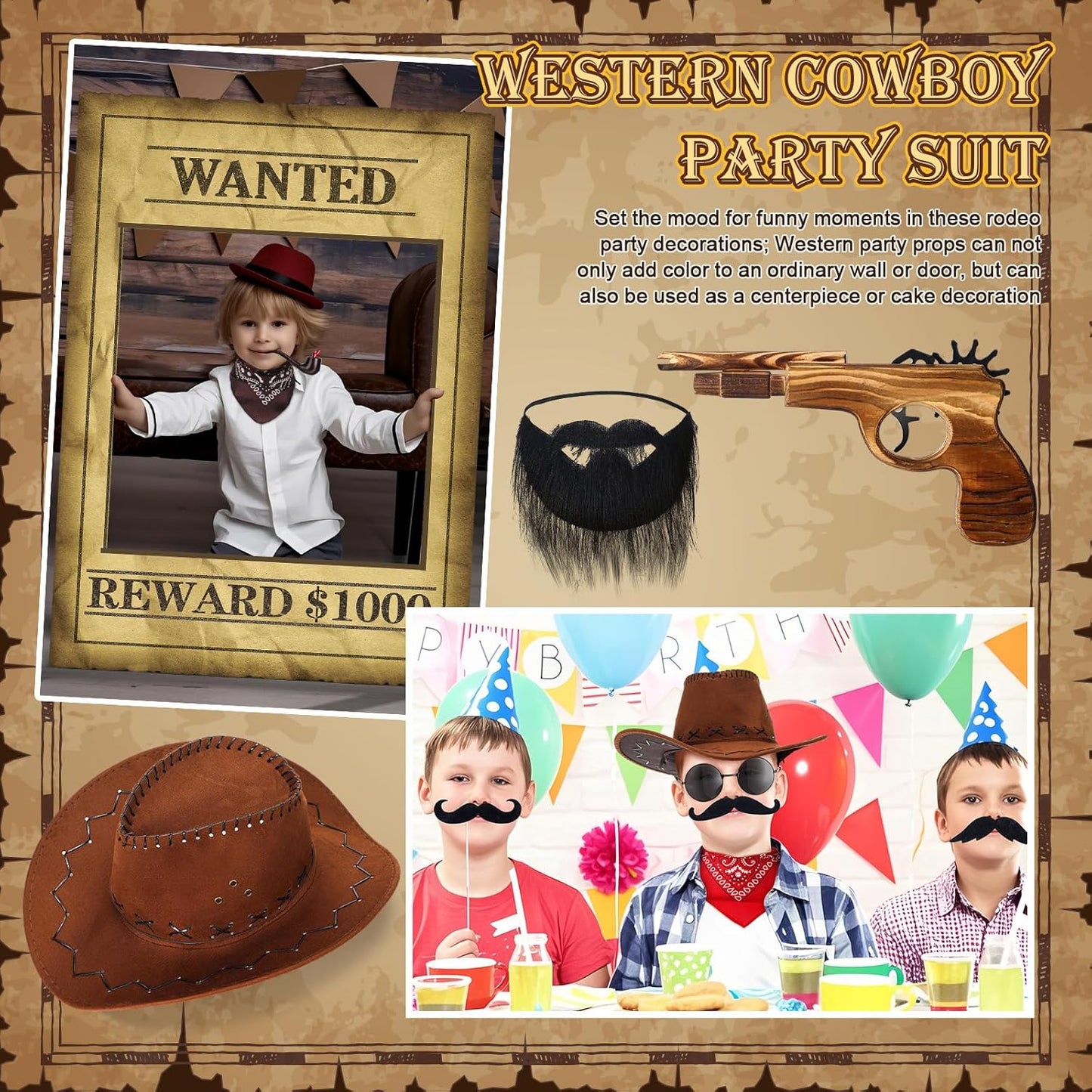 20 Pcs Halloween Western Photo Booth Props Kit Wanted Poster West Cowboy Party Decoration Western Wanted Theme Photo Booth Frame Cowboy Scarf Beard Glasses Hat Set for Halloween West Rustic Party