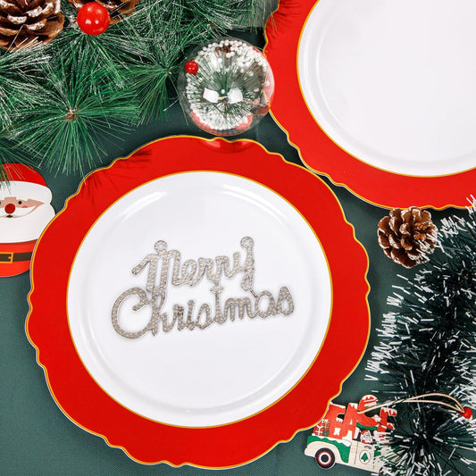 WDF 60pcs Red Christmas Plastic Plates Disposable - 7.5inch Heavy Duty Red Dessert/Salad/Cake Plates for Christmas