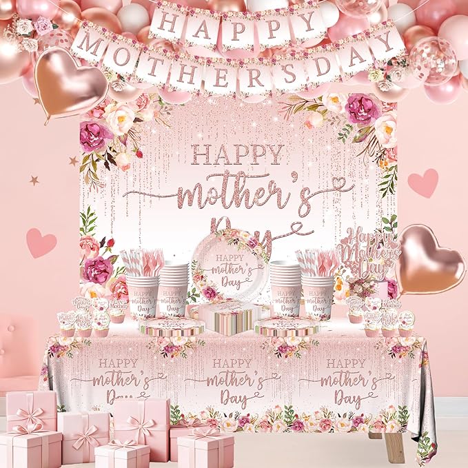 264Pcs Happy Mother's Day Party Supplies Tableware Set Pink Mother's Day Paper Plates and Napkins Best Mom Ever Paper Plates Napkins Forks Balloons Tablecloth Banner for Mother’s Day Serves 24 Guests
