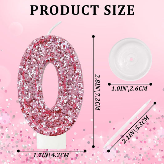 Birthday Number Candles, Glitter Number Candle Cake Decorations with Sequins, Cupcake Decorations for Girls, Women, Party Anniversary Celebrations (Number 0, Pink)