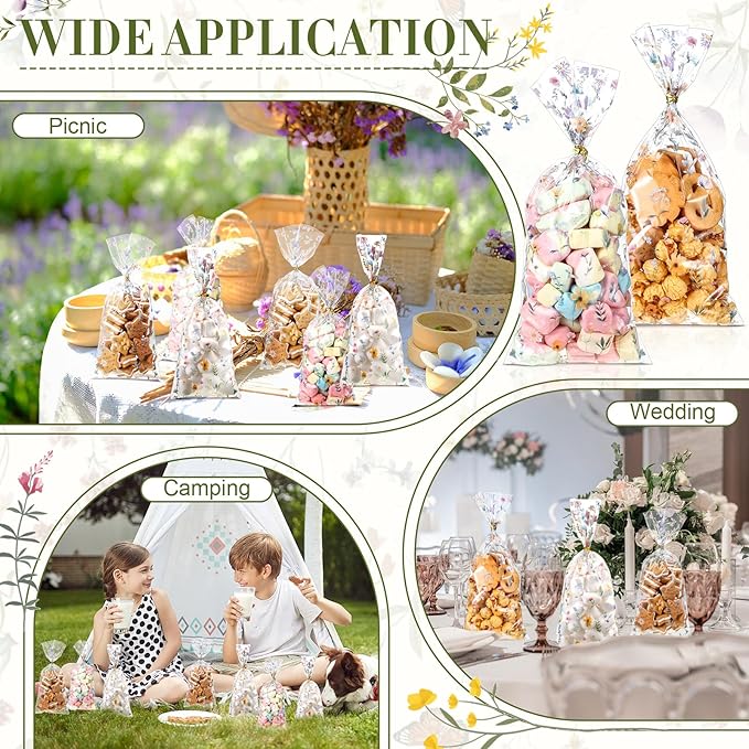 Sweetude 100 Pcs Wildflower Party Cellophane Treat Bags Floral Candy Plastic Clear Goody Bags Flat Bottom Gift supplies for Baby Shower Bridal Shower Birthday Wedding Party Favors,11 x 5