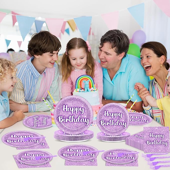 96PCS Purple Glitter Birthday Party Plates and Napkins Purple K-pop Tableware Party Paper Plates Glitter Disposable Dinnerware Parties Set for Girls Women Birthday Sprinkle Anniversary Decorations