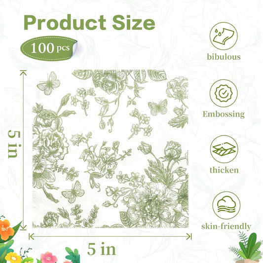 100Pcs Sage Green Floral Napkins Beverage Cocktail Napkin Disposable Green Paper Dinner Napkin Fancy Decorative Hydrangea Flower Guest Hand Towel for Wedding Bridal Baby Shower Birthday Party