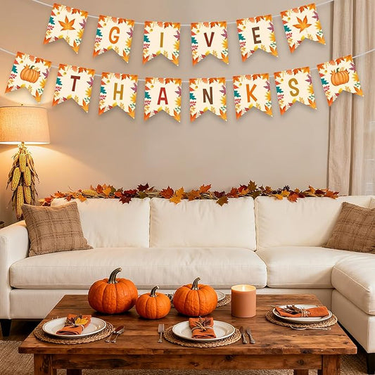 Give Thanks Banner - Happy Thanksgiving Decorations Banners, Fall Maple Leaf Pumpkin Sign Garland Backdrop Banner for Thanksgiving Party Supplies Favors Indoor Outdoor Home Office Wall Door Decor