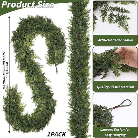 1 Pcs 6FT Christmas Cedar Garland Artificial Realistic Faux Green Cedar Pine Garland Real Touch Christmas Garland for Xmas Home Decoration Indoor Stairs Railing Fireplace Outdoor