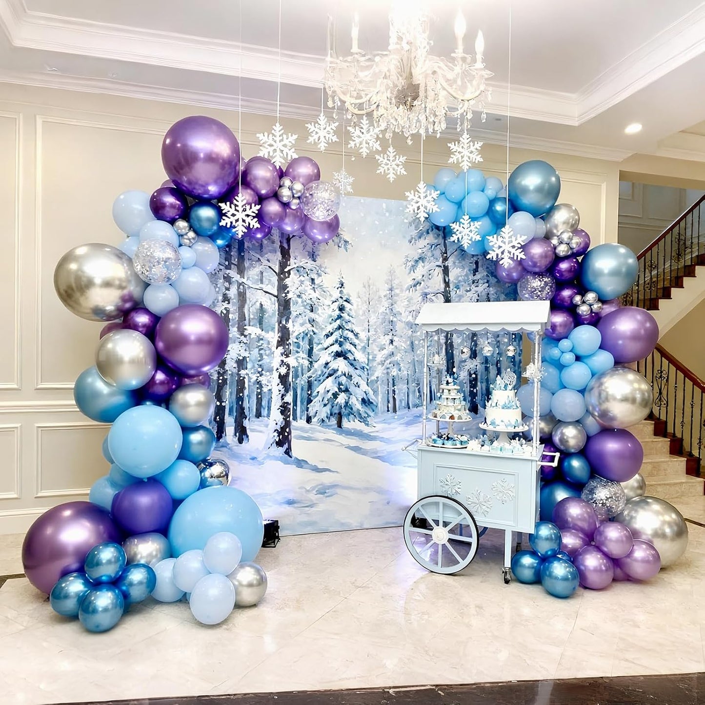 Bezente Frozen Balloons Kit, 60pcs 12 inch Blue Purple Latex Balloons Metallic Silver Helium Balloons for Girls Birthday Wedding Baby Bridal Shower Wonderland Winter Ice Snow Theme Party Decorations