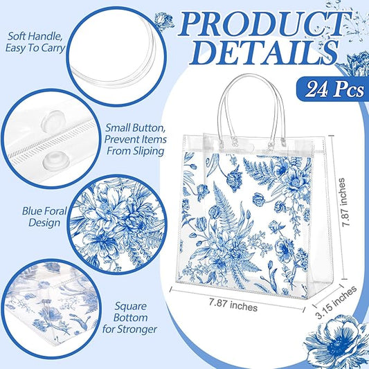 Kacctyen 24 Pcs Gift Bags for Party Favor Clear Goodie Bags with Handle 7.87 x 7.87 x 3.15 Return Gift Wrap Totes for Guests Treat Candy Wrapping (Blue Floral)
