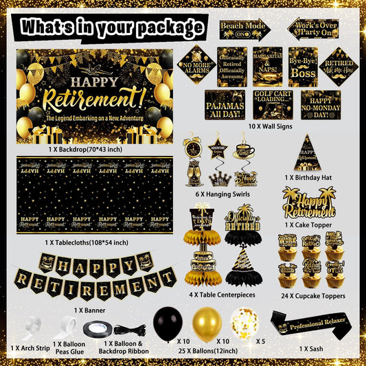Mpanwen Retirement Party Decorations, 78 Pcs Gold Black Happy Retirement Men Party Decor Supplies for Women Men with Backdrop, Banner, Tablecloth, Centerpieces, Hanging Swirls, Sash, Hat, Wall Signs