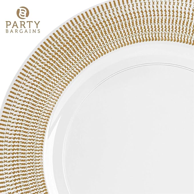 PARTY BARGAINS 13-Inch Charger Plates - 8 Pack, Clear Gold Textured Rim, Heavy-Duty Disposable Chargers for Elegant Dining - Ideal for Weddings and Formal Events