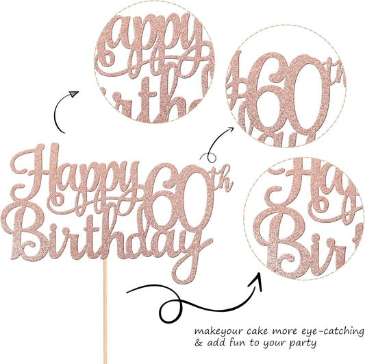 1 PCS Happy 60th Birthday Cake Topper Glitter Cheers to 60 Years Birthday Cake Pick 60 Fabulous Cake Decoration for Happy 60th Birthday Anniversary Party Decorations Supplies Rose Gold