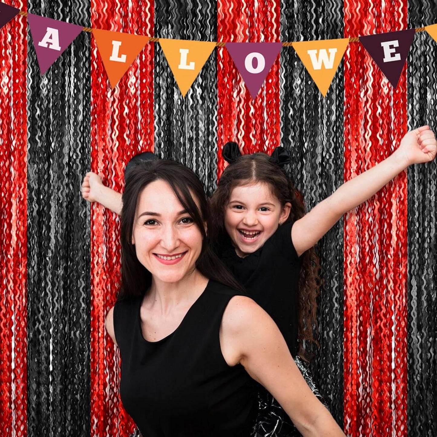 4 Pack Black Red Fringe Curtain Backdrop 3.2Ft x 8.2Ft Metallic Tinsel Foil Fringe Streamers Background for Photo Booth Mother's Day, Easter, Carnival, Birthday, Wedding Party Decoration