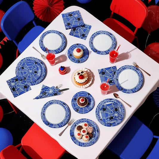75pcs Spider Party Supplies, 25 Guest Disposable Blue Paper Plates & Napkins, Tableware Decorations Favors, Including 9" & 7" Plates & Napkins for Halloween, Birthday, Parties, and Everyday Use