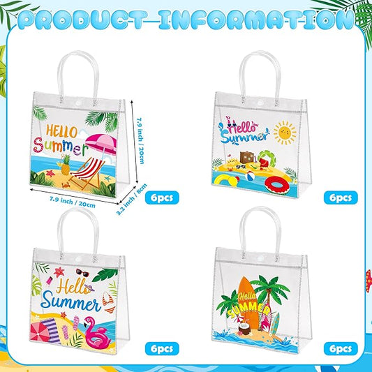 H1vojoxo Hello Summer Gift Bags - 24PCS Beach Vacation Clear Gift Bags with Handles 7.9 x 3.2 x 7.9 Inch Reusable PVC Plastic Transparent Waterproof Tote Bag for Summer Party Birthday Party Supplies