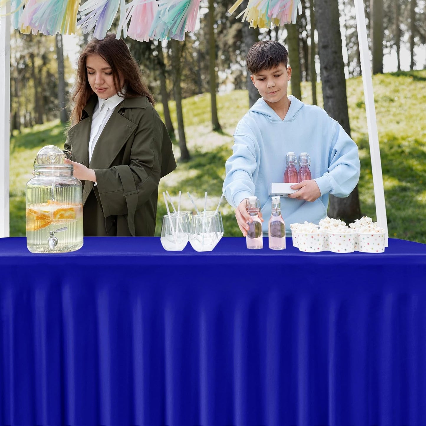 HolidayIdeas Royal Blue Spandex Table Skirts for Rectangle Tables 6ft, Fitted Stretch Table Cover 30x72 Inch, Wrinkle-Free Ruffle Design Tablecloths for Banquets,Trade Shows, Parties, Events, 4 Pack