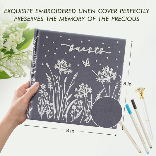 Embroidered Wedding Guest Book—The Perfect Polaroid Guest Book for Wedding Receptions, Birthdays, Baby Showers, and Special Events with 3 DIY pens+1 Diamond Pen(Gray)