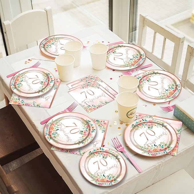 OBUSATT 96Pcs Floral 70 Fabulous Party Supplies 70th Birthday Paper Plates Napkins Rose Gold Party Decorations 70 Years Dinnerware Party Favor Women 70th Tableware Serves 24