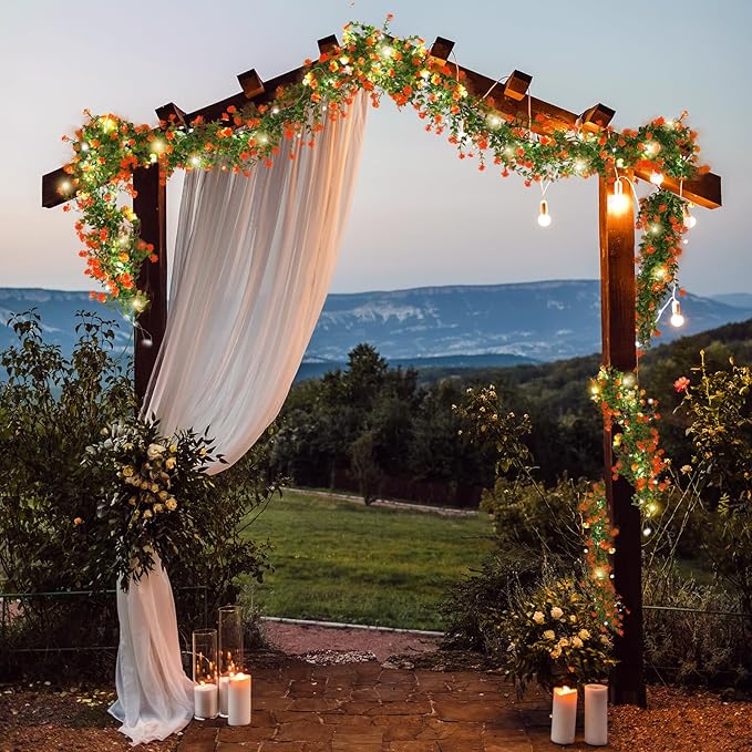 RECUTMS Faux Spring Eucalyptus Garland Artificial Hanging Vines Wedding Greenery Garland with Lights Faux Plants Indoor Flower Vine for Wall Fireplace Table Porch Door Decoration(Orange)