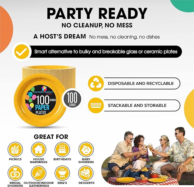 Exquisite Party Solids Yellow Paper Plates Disposable Heavy Duty 9 Inch Yellow Disposable Plates For Party 100 Pcs Heavy Duty 350 GSM, Birthday Supplies
