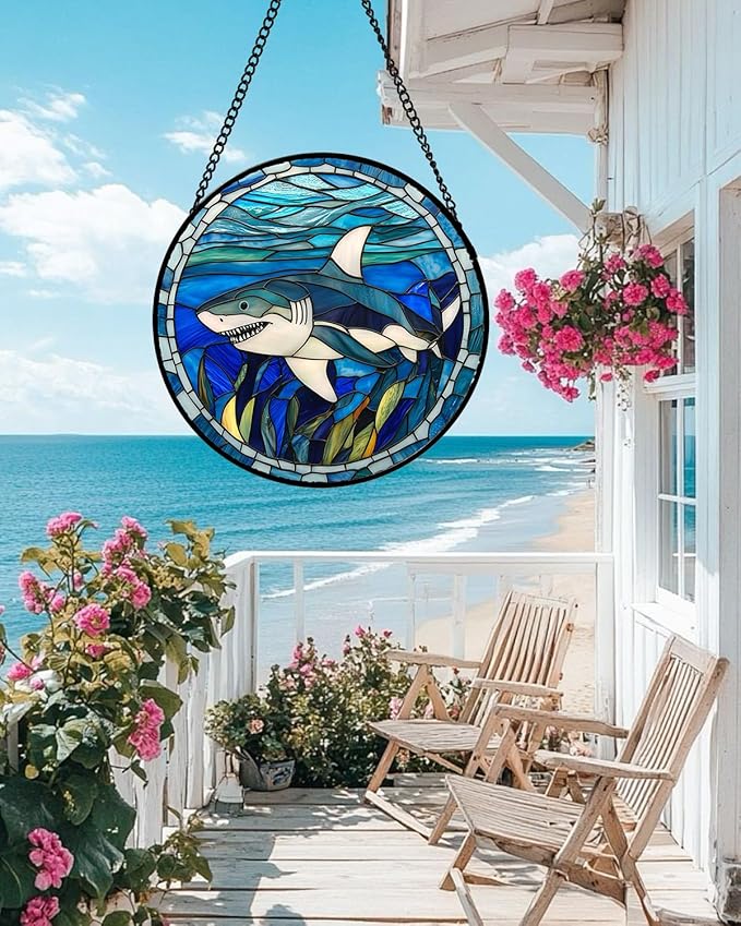 Stained Glass Suncatcher, Blue Ocean Big Shark Sun Catcher Waterweed Stain Glass Window Hanging Decoration Mother's Day Birthday Gifts for Women Men Mom Nana 7.8 in