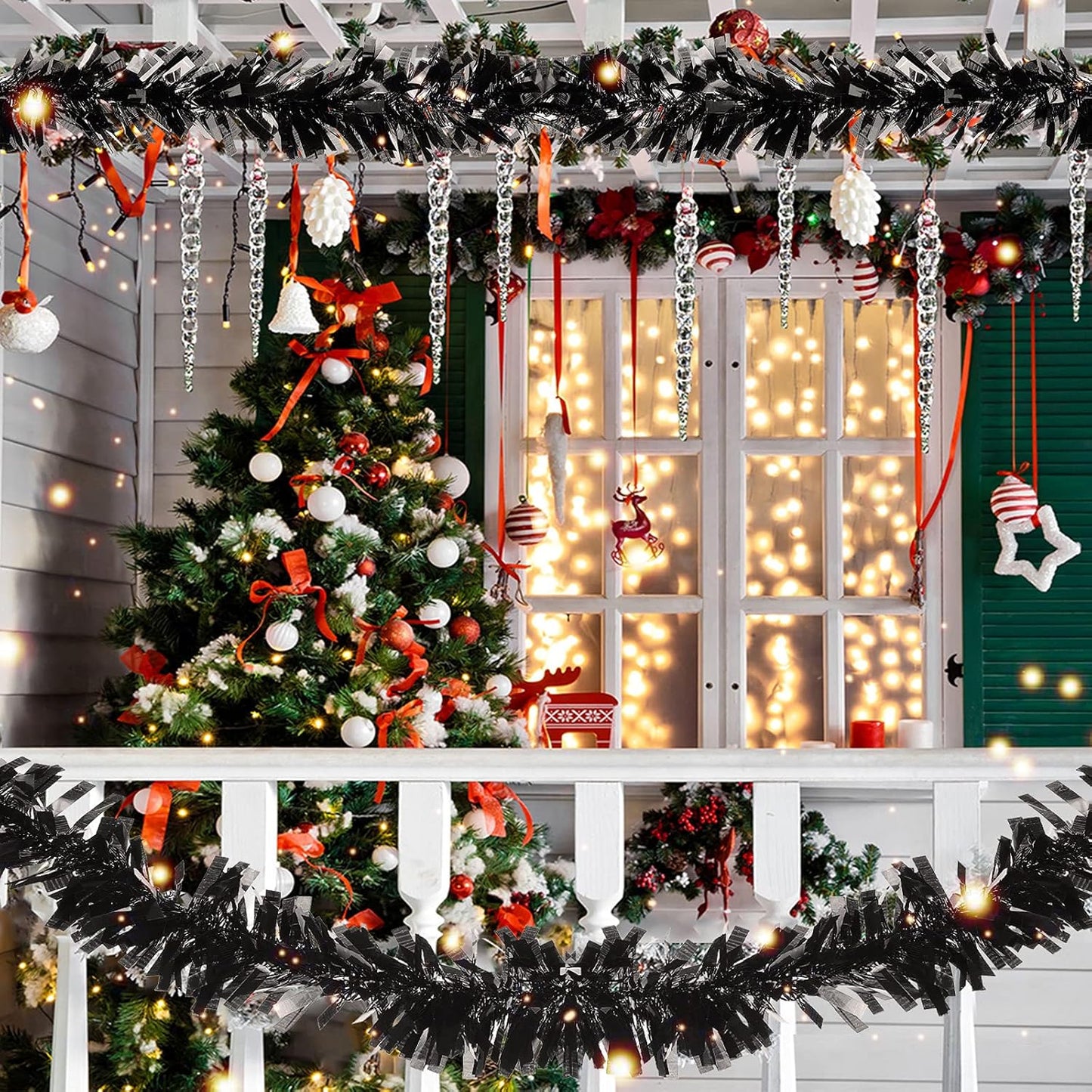 Sosation 100 ft Christmas Tinsel Garland Christmas Tree Twist Garland Bulk Glitter Metallic Streamer Indoor Outdoor Hanging Xmas Decorations(Black)