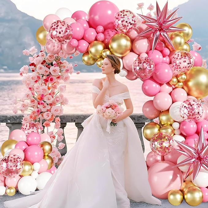 Pink White Gold Balloon Garland Arch Kit, 140Pcs Hot Pastel Pink Gold White Confetti Balloons With Stars for Birthday Wedding Birdal Shower Gender Reveal Graduation Party Decorations