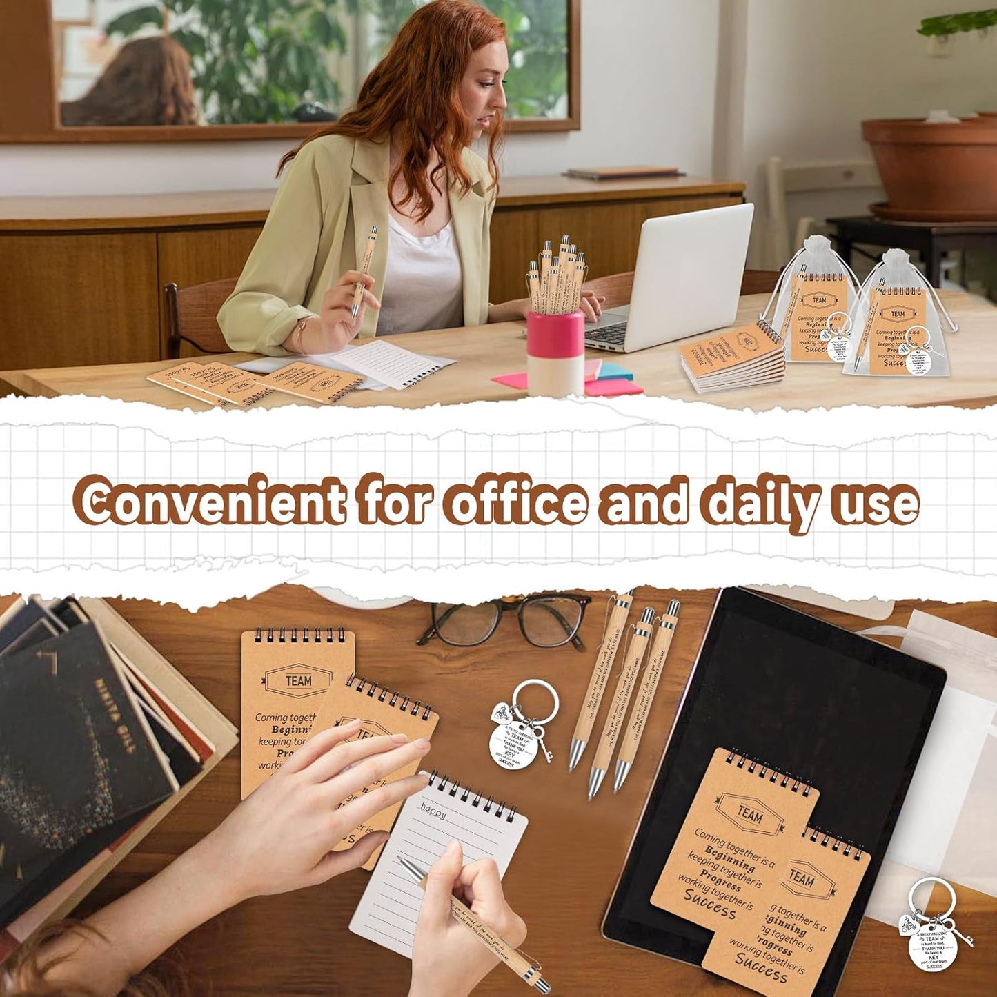 CZWZ 80 Pcs Employee Appreciation Gifts Set, Includes Notepads Pens Thank You Keychains and Organza Bags, Team Recognition Gifts for Coworkers Staff Employees Retirement Birthday Christmas(Brown)