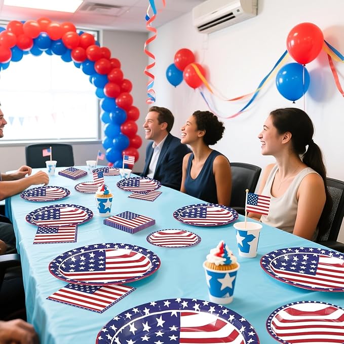 Grencian 96Pcs American Flag Patriotic Party Supplies Veterans Day Patriotic Paper Plates and Napkins US Flag Disposable Tableware for Veterans Day 4th of July Party Decorations Serve 24