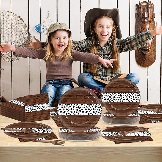 96Pcs Western Party Paper Plates and Napkins Cow Print Dessert Plates Cowboy Party Favors Supplies Tableware for Wild West First Rodeo Cowgirl Bachelorette Baby Shower Birthday Gatherings Decorations