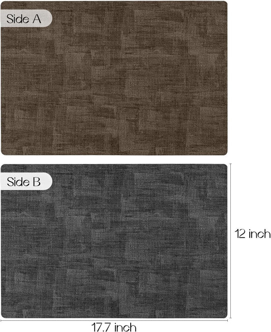Romanstile Reversible Vinyl Placemats Set of 6, Faux Leather 100% Waterproof Oil-Proof Wipeable Place Mats, Heat Resistant Dual Sided Table Mats for Kitchen/Dining/Party (Grey Brown, 12 x 17 Inch)