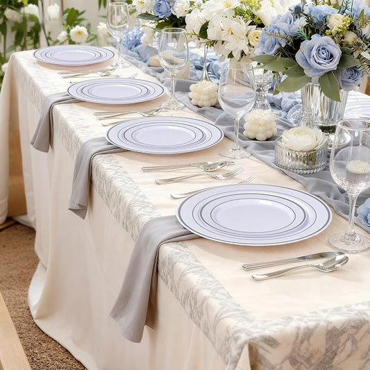 100PCS White Plastic Plates, 10 Inch Disposable Dinner Plate Party with Silver Rim, Heavy Duty Disposable Plastic Plates for Party, Wedding and Birthday