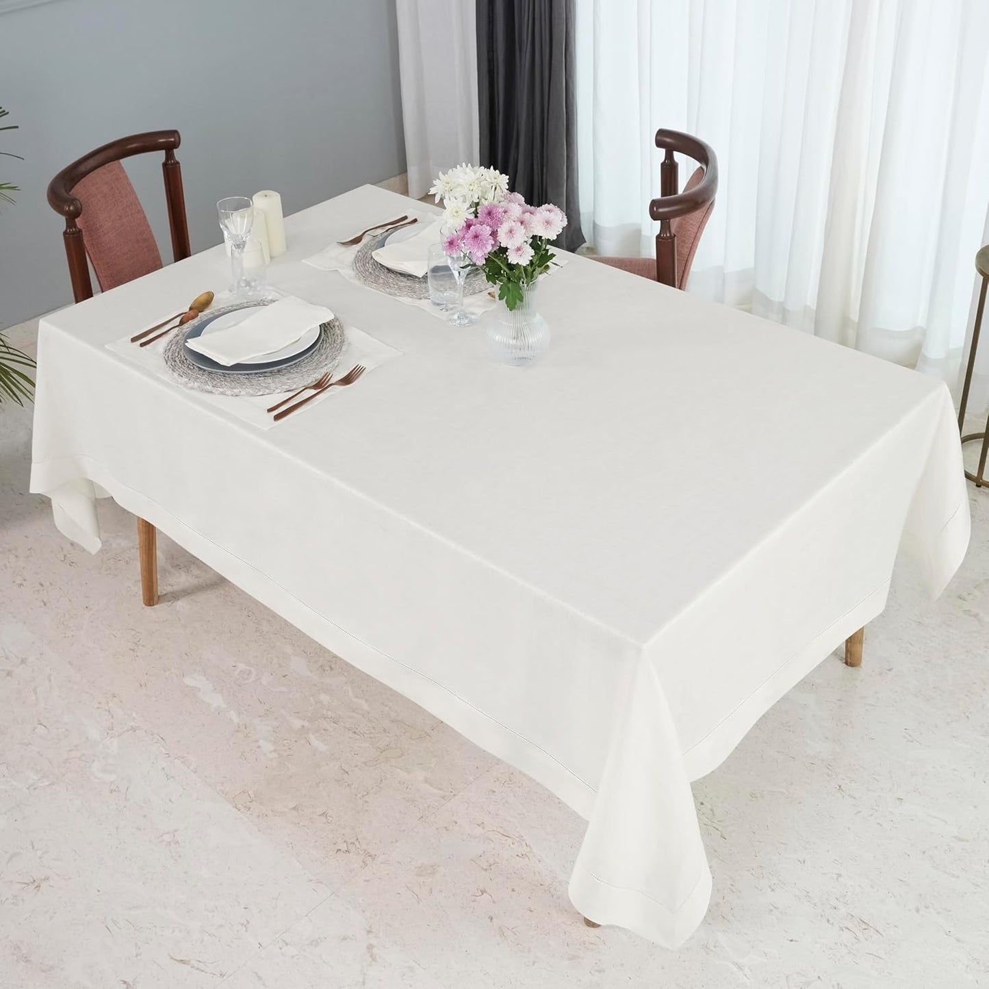 D'Moksha Homes Ivory Linen Tablecloth 60 x 156 Inch - 100% Pure Linen Ivory Tablecloth for Rectangle Tables - Classic Hemstitch, Machine Washable Table Cloth for Fall, Autumn and Halloween