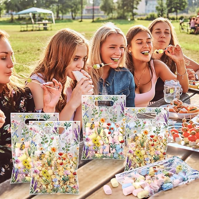 Bulyoou 100 Pcs Wildflower Gift Bags Vintage Wildflower Party Favor Bag with Handle Plastic Goodie Candy Treat Gift Wrapping for Wedding Baby Shower Birthday Party Favors Supplies(Vintage)