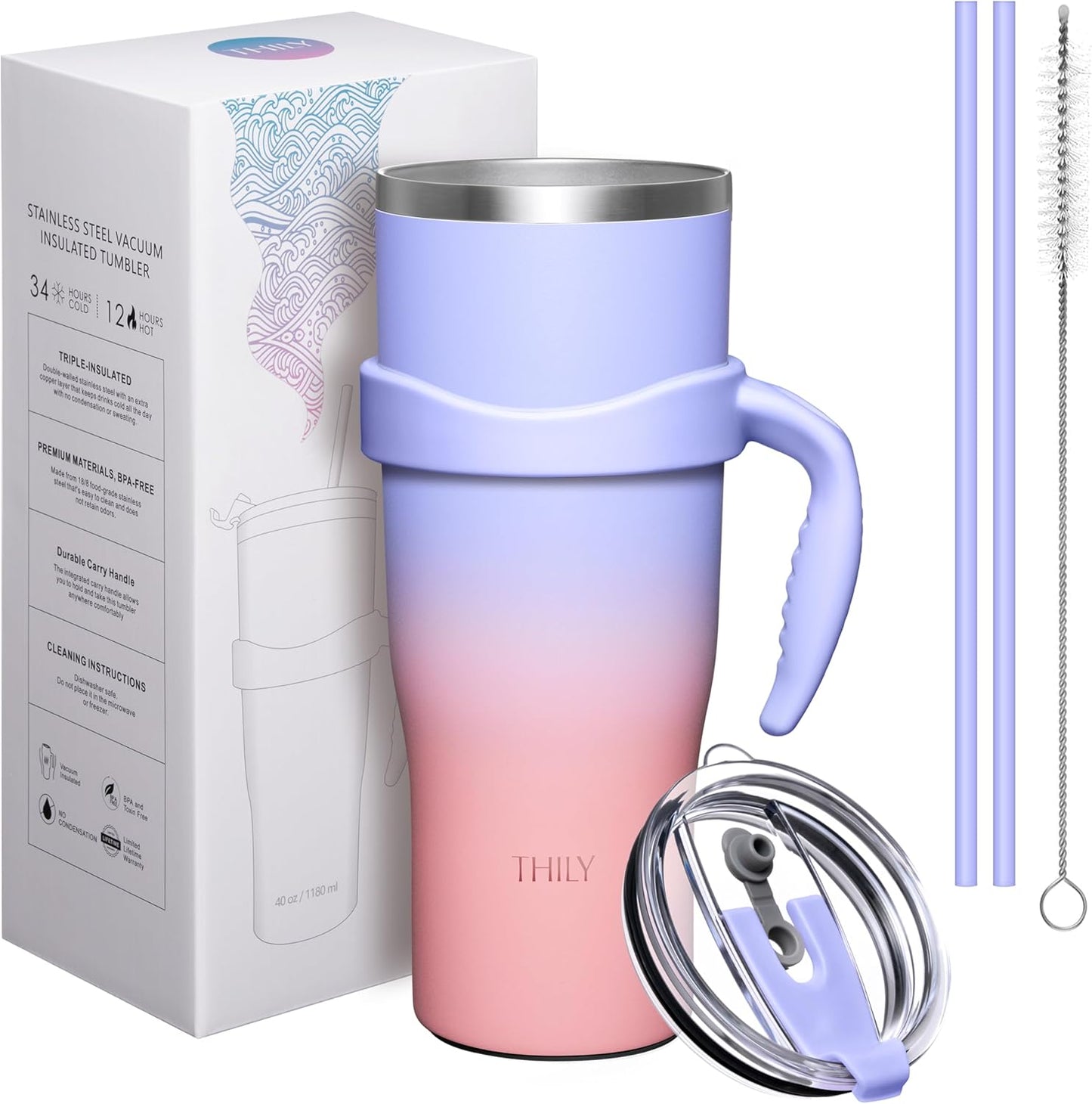 THILY 40 oz Insulated Tumbler with Handle - Stainless Steel Coffee Travel Mug with Lid and Straws, Keep Drinks Cold for 34 Hours or Hot for 12 Hours, BPA Free, Lavender Dream