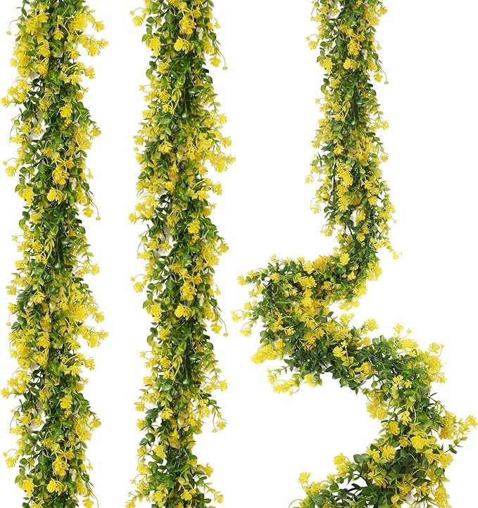 RECUTMS Hanging Garland Plants Artificial Eucalyptus Garland Fake Hanging Eucalyptus Leaf Garlands with Flowers Faux Vine Plants for Indoor Outdoor Spring Thanksgiving Wall Arch Wedding Decor(Yellow)