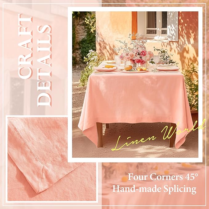 Linen World Linen Tablecloth,100% French Natural Flax Tablecloth 108" x 60" Inch,Washable Rectangular Table Cloth for Dining,Outdoor,Weddings and Restaurants,Decorative Christmas,Peach Pink