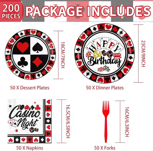 Grencian 200PCS Casino Party Decorations Poker Plates and Napkins Disposable Casino Birthday Paper Tableware Set for Las Vegas Night Poker Club Birthday Party Supplies, Serves 50