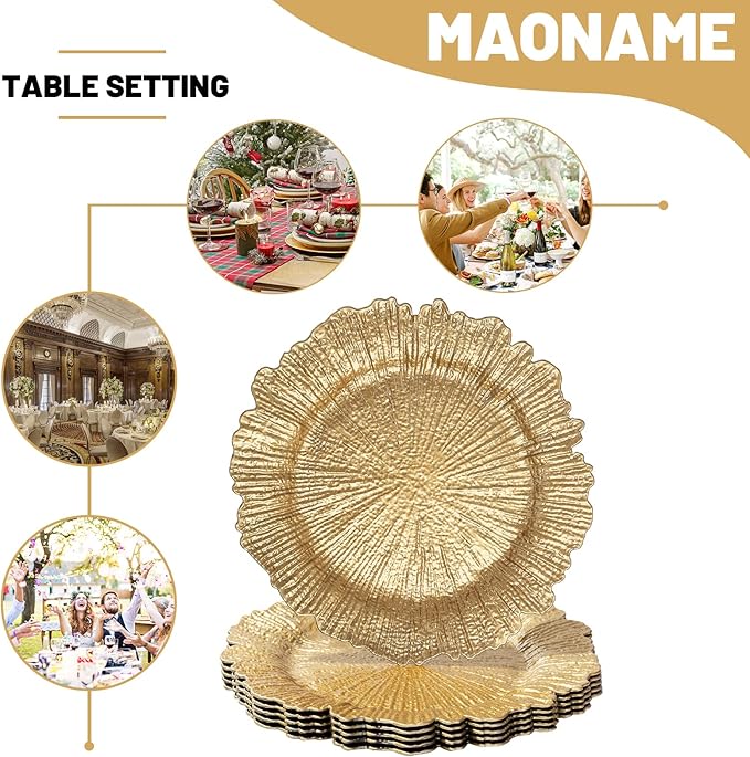 MAONAME Round 13" Gold Charger Plates, Set of 6, Reef Plate Chargers for Dinner Plates, Plastic Table Chargers for Wedding, Thanksgiving, Christmas