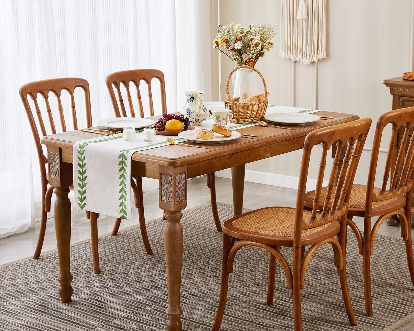 Wracra Embroidered Table Runner Irregular Willow Leaf Table Runners 36 Inches Long for Dresser Home Dining Table Decor,14 x 36 Inch, Green