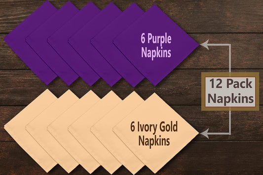 Ruvanti Cloth Napkins Set of 12, 18x18 Napkins Cloth Washable, Soft, Durable, Absorbent, Cotton Blend. Table Dinner Napkins Cloth for Hotel, Lunch, Restaurant, Wedding Parties - Purple & Ivory Gold