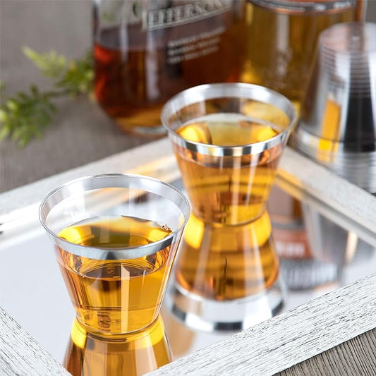 PLASTICPRO 9 oz Disposable Plastic Party Cups,Old fashioned Designed Tumblers, Crystal Clear (Clear With Silver Rim, 200)