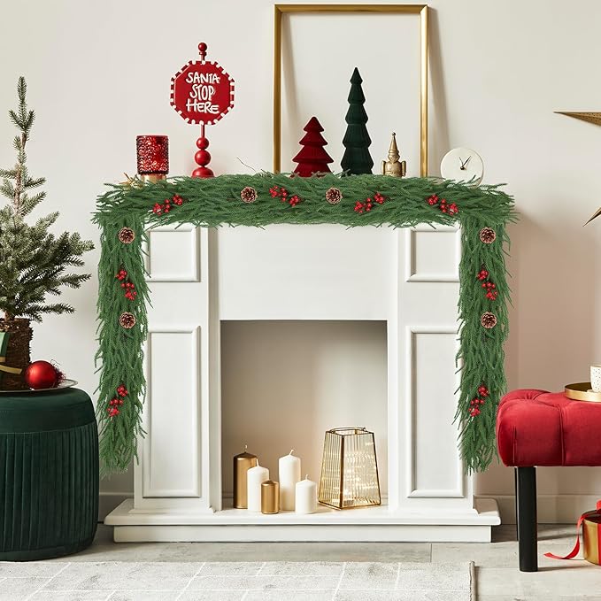 2 Pack 6FT Christmas Norfolk Pine Garlands with Pine Cone Real Touch Christmas Garland Artificial Greenery Garland for Fireplace, Table, Wall, Stairs, Outdoor Holiday Décor