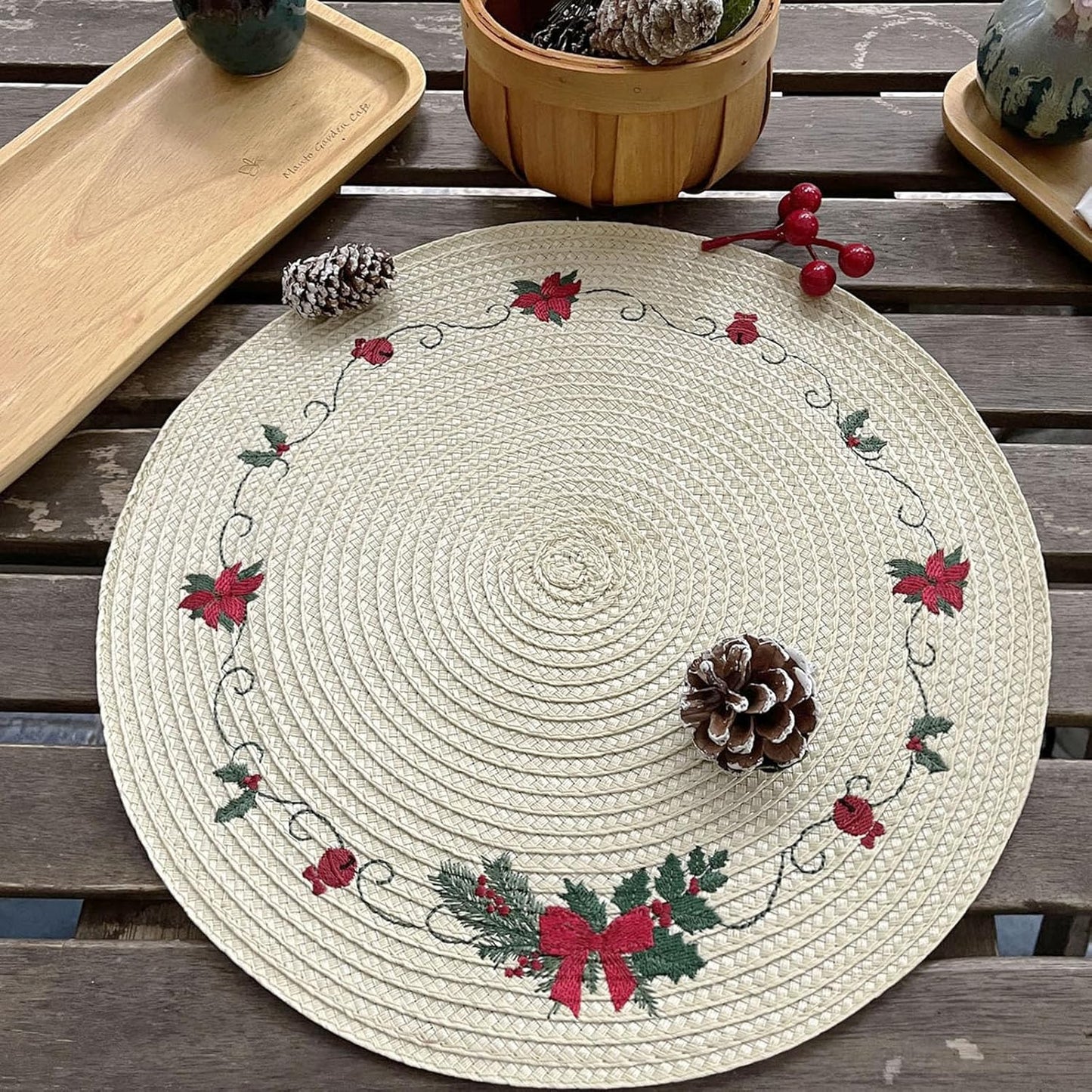 LaneVines Christmas Placemats Set of 6 Round Placemats Christmas, Embroidered Table Place mats, Holiday Decorations for Kitchen Dining Table Mats Plate Chargers